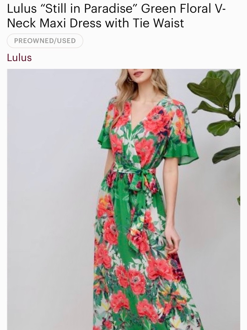 Lulu's Green Floral V-Neck Maxi Dress with Coral Blooms and Tie Waist